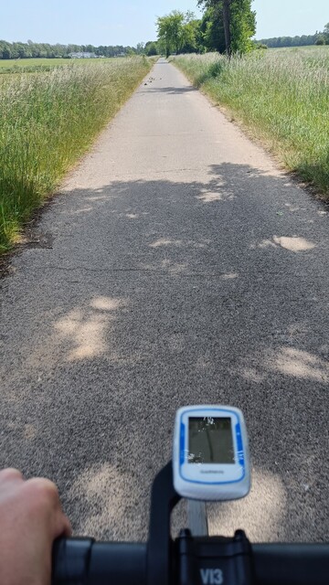 Blick über den Fahrradlenker: ein Feldweg, rechts und links grüne Wiesen 