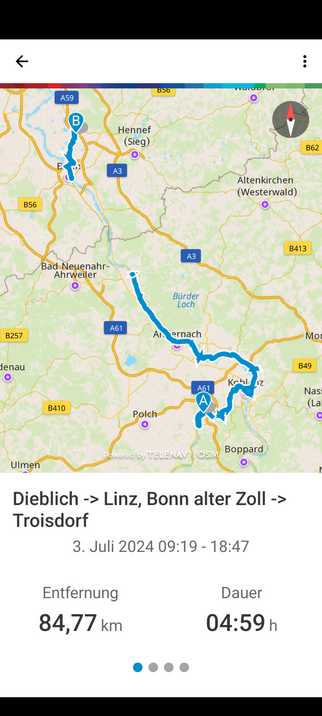 Kartenausschnitt mit der Stecke Dieblich -> Linz und Bonn alter Zoll -> Troisdorf als blaue Linie.
Die Linie ist zwischen Linz und Bonn alter Zoll unterbrochen, dieser Teil wurde mit dem Schiff zurückgelegt.