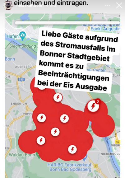 Instagram-Screenshot mit einer Karte, auf der die Stromausfälle rot aufgemalt sind. Darüber der Text: „Liebe Gäste, aufgrund des Stromausfalls im Bonner Stadtgebiet kommt es zu Beeinträchtigungen der Eis Ausgabe“