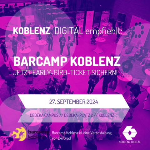 Das Bild ist ein Werbeplakat für das Barcamp Koblenz, das am 27. September 2024 stattfindet. Veranstaltungsort ist der Debeka Campus, Debeka-Platz 2, in Koblenz. Die Veranstaltung wird von Koblenz Digital empfohlen.Im Hintergrund sieht man eine Menschenmenge bei einem Event, die sich in einer Halle um Stehtische gruppiert hat. Die Farben des Bildes sind stark violett eingefärbt. Unten links befindet sich das Logo des Barcamp Koblenz, und unten rechts ist das Logo von Koblenz Digital zu sehen. Die Veranstaltung wird von der Agentur 247Grad organisiert, was ebenfalls im unteren Bereich des Bildes vermerkt ist.