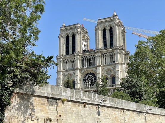 Kathedrale Notre-Dame in Paris mit ihren zwei Glockentürmen und ihrer komplizierten Fassade, die teilweise von Bäumen und einer Steinmauer im Vordergrund verdeckt wird; Kräne im Hintergrund zeigen laufende Restaurierungsarbeiten an.