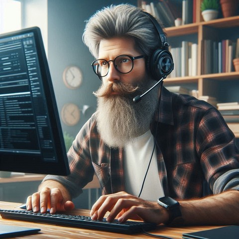 Auf dem Bild ist ein Mann mit grauem, voluminösem Haar und einem vollen, gepflegten Bart zu sehen. Er trägt eine Brille mit runden Gläsern und ein Headset, vermutlich für die Kommunikation. Der Mann scheint konzentriert an einem Computer zu arbeiten, seine Hände sind auf der Tastatur. Im Hintergrund sind Bücherregale und einige dekorative Gegenstände wie Pflanzen zu sehen, was darauf hindeutet, dass er sich in einem gemütlichen, gut eingerichteten Arbeitsraum befindet. Der Mann trägt ein kariertes Hemd und die gesamte Szenerie wirkt modern und technisch orientiert, aber auch sehr warm und einladend.
Hinweis: Bild wurde mit der KI Dall E3 erstellt 