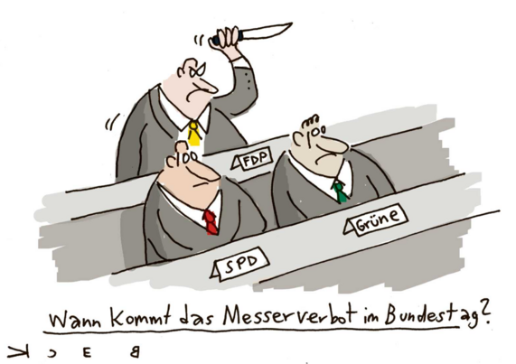 Karikatur bzw. Comic aus der TAZ vom 13. August 2024 von Beck: Drei Männer in grauen Anzügen und roten, grünen und gelben Krawatten sitzen im Bundestag, in der vorderen Reihe sitzt ein Mitglied des Bundestages der SPD und ein MdB der Grünen, in der Reihe hinter den Beiden sitzt ein MdB der FDP der gerade ein Messer schwingt. Die Bildunterschrift lautet: »Wann kommt das Messerverbot im Bundestag?«