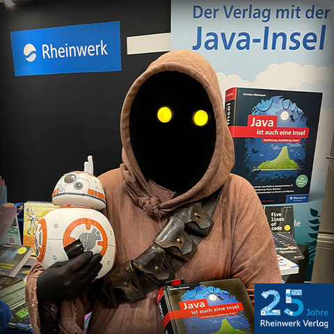 Star-Wars-Jawa mit dem Rheinwerk-Buch Java ist auch eine Insel, vor einem Bücherstand 