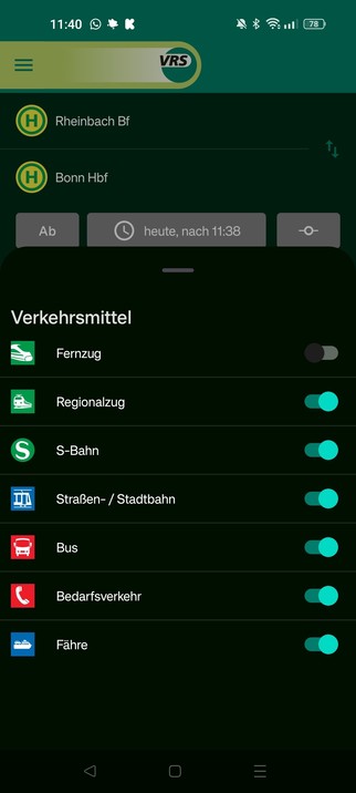 Screenshot neue VRS App
Verbindungssuche 

... Aber es geht nur über ein Untermenü mit kleinen Toggle Buttons