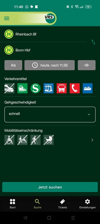 Screenshot neue VRS App
Verbindungssuche 

Symbole für die Verkehrsmittel suggerieren eine einfach An und Abwahl...