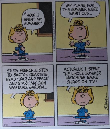 Ein Peanuts-Strip in vier Panels. Sally Brown steht im blauen Kleid vor ihrer Klasse und hält eine Art Vortrag.
Panel 1: "'How I spent my summer'"
Panel 2: "My plans for the summer were ambitious …"
Panel 3: "Study French, listen to Bartok Quartets, read 'War and Peace' and start my own vegetable garden …"
Panel 4: "Actually I spent the whole summer watching game shows on TV!"