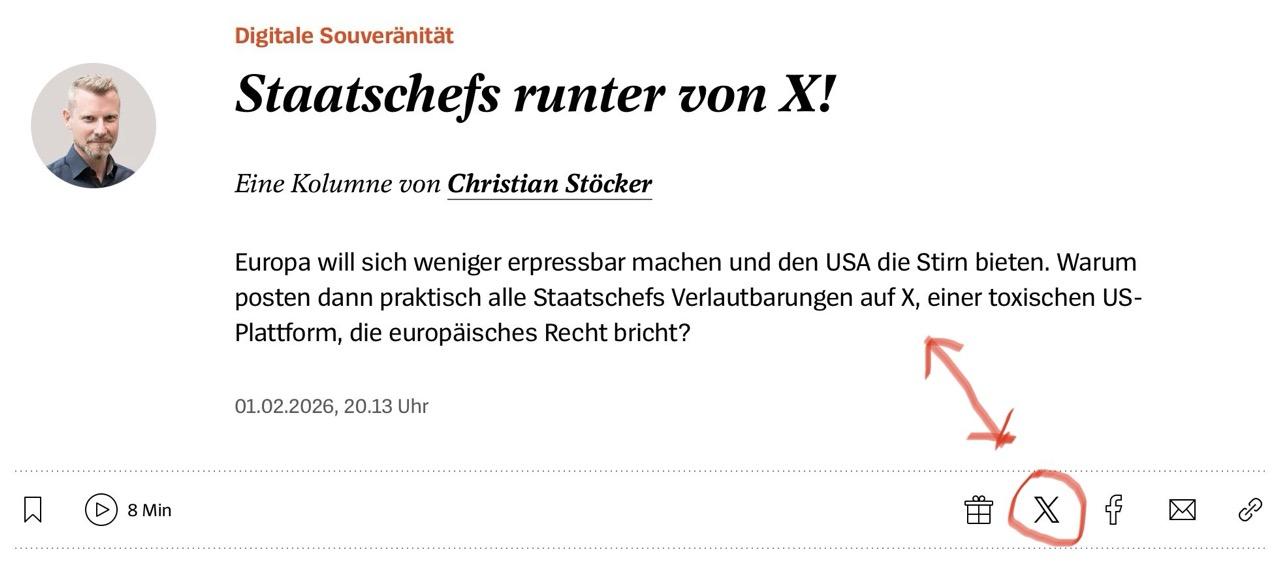 Ein Screenshot des Starts des Artikels „Staatschefs runter von X!“ im SPIEGEL. Bevor noch der Haupttext des Artikels beginnt, bieten Logos Interaktionsmöglichkeiten an. Neben Mail stehen Facebook und leider nur noch X zur weiteren Kommunikation im Angebot