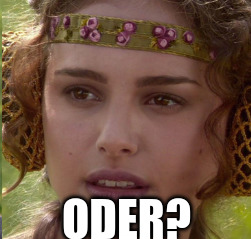 Das vierte Panel des Anakin-Padme-Memes. Padme Amidala aus Star Wars schaut besorgt. Der Text im Bild lautet: "Oder?"