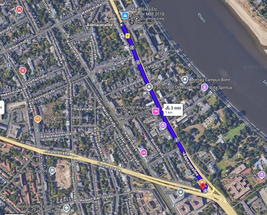 Die Länger der CM auf der Adenauerallee von der Hausnummer 90 bis zur Reuterstrasse. Zu sehen ist die CM auf der Karte (Google)