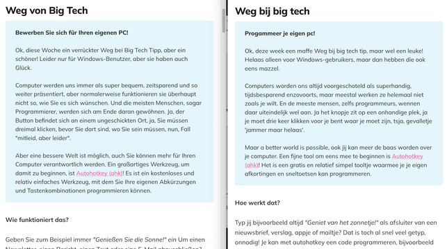 Zwei Firefox-Fenster nebeneinander, eines mit, eines ohne automatische Übersetzung. Das hilft beim Sprache lernen